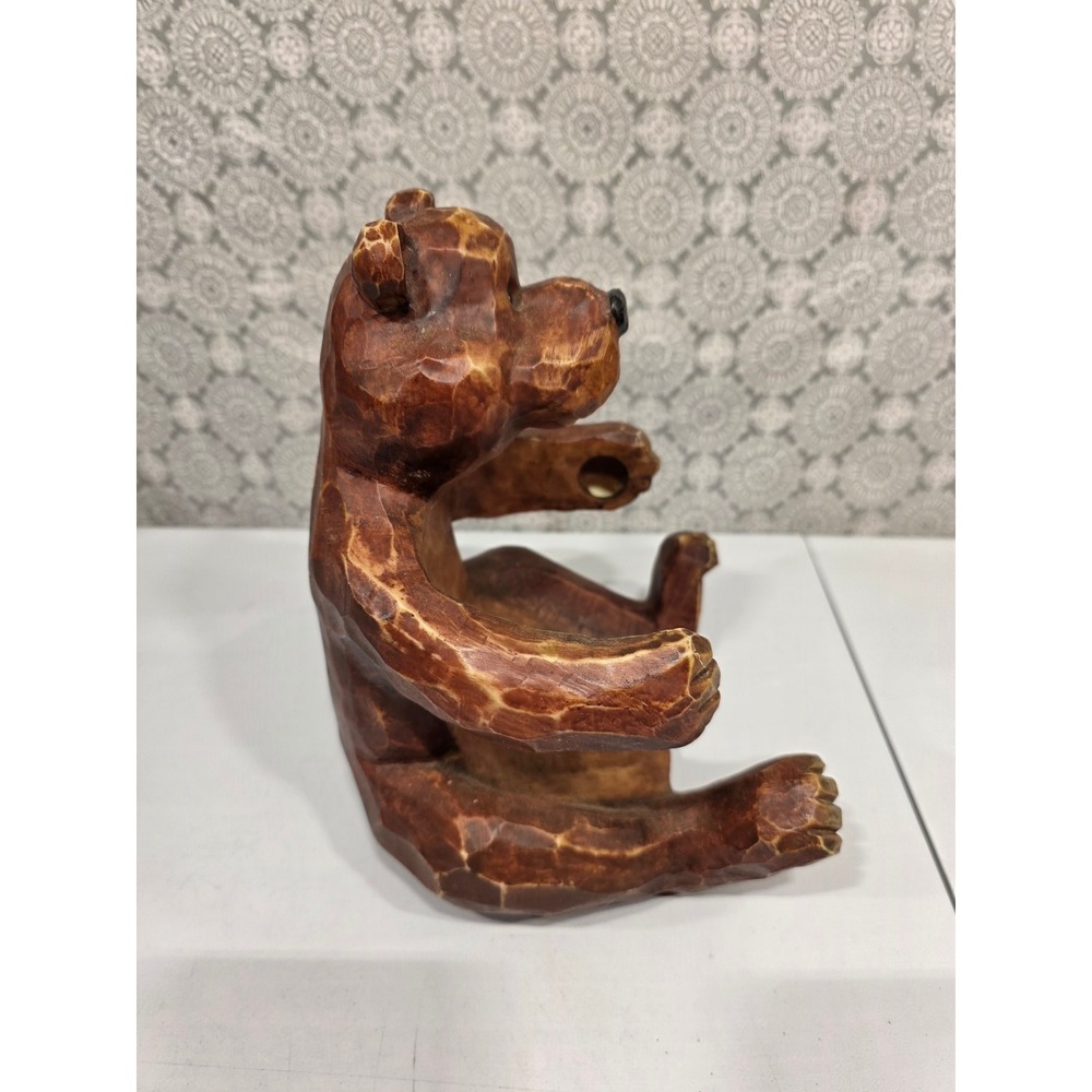 Rustic Hand Carved‎ Wooden Bear Figurine Woodland Animal Toilet Paper Holder - Picture 8 of 11